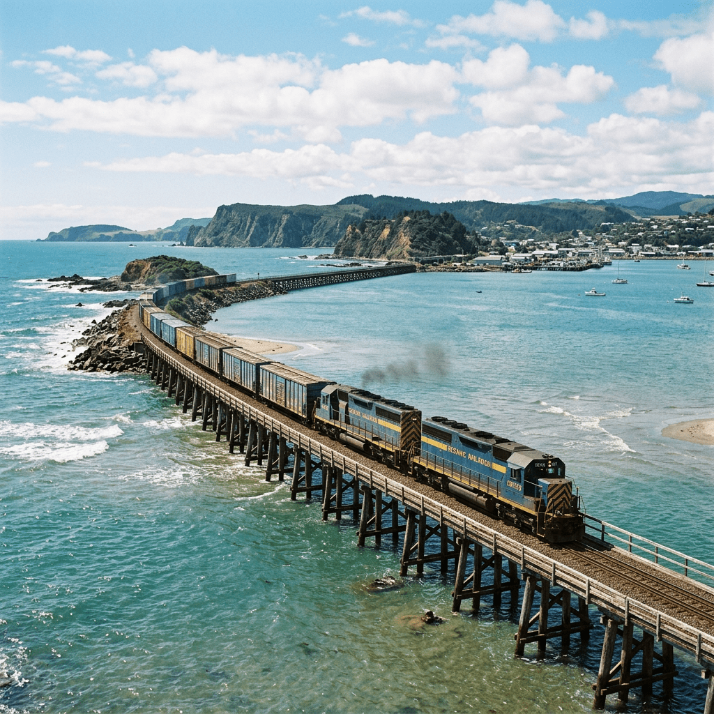 Freight train crossing a wooden trestle bridge over blue ocean water near a coastal town and cliffs