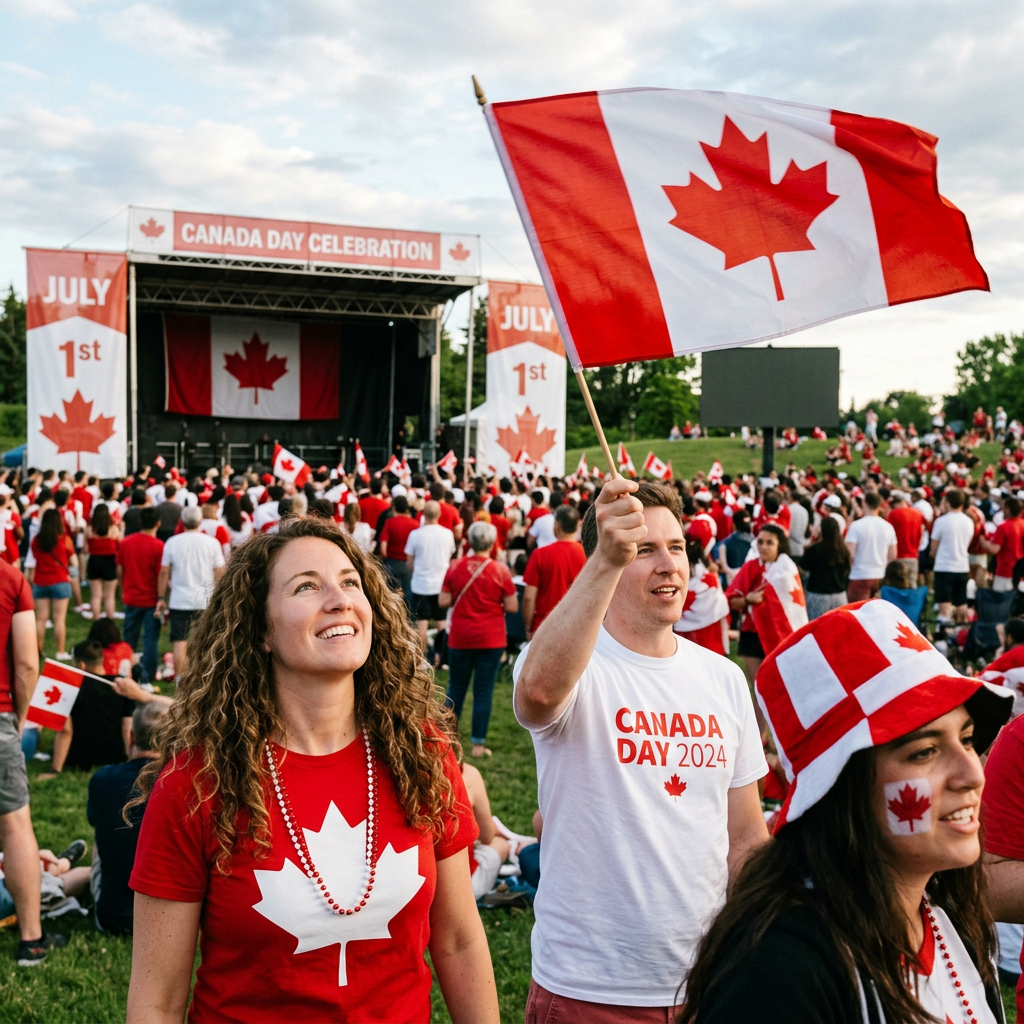 People celebrating Canada Day outdoors with Canadian flags and themed shirts.