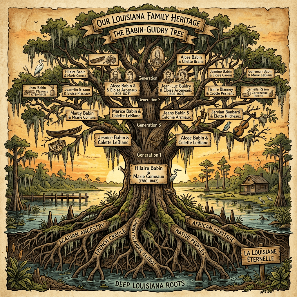 Illustrated Babin-Guidry family tree showing generations and Louisiana cultural roots