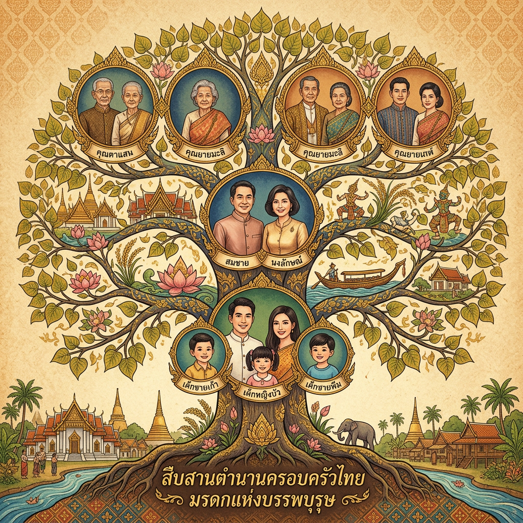 Illustrated traditional Thai family tree with portraits and cultural symbols