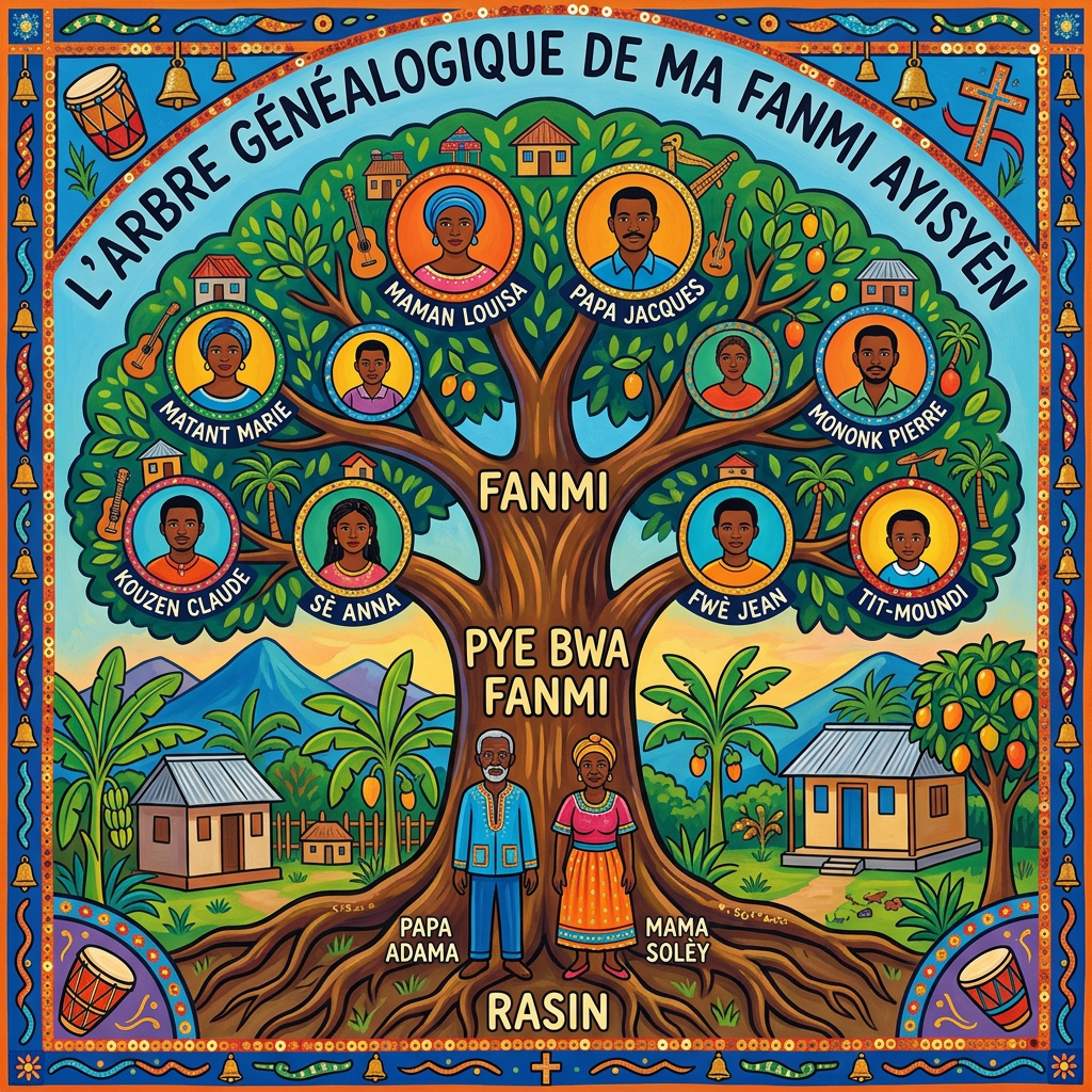 Colorful Haitian family tree with portraits and traditional symbols