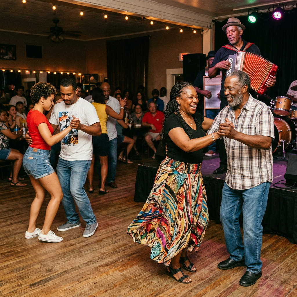Two couples dancing joyfully in a lively indoor dance hall with live musicians playing instruments in the background.