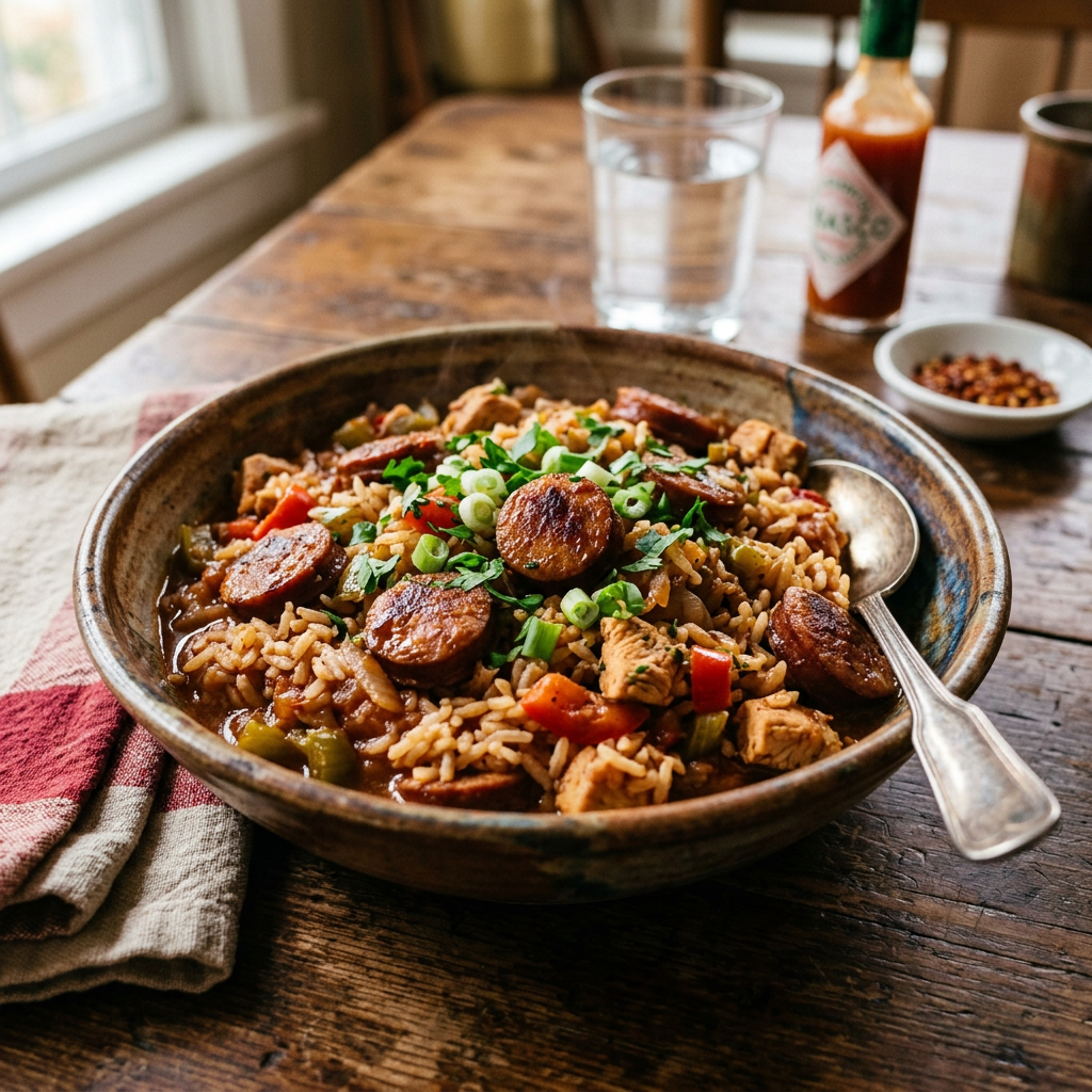 Bowl of jambalaya with rice, sausage slices, diced vegetables, and green herbs on top