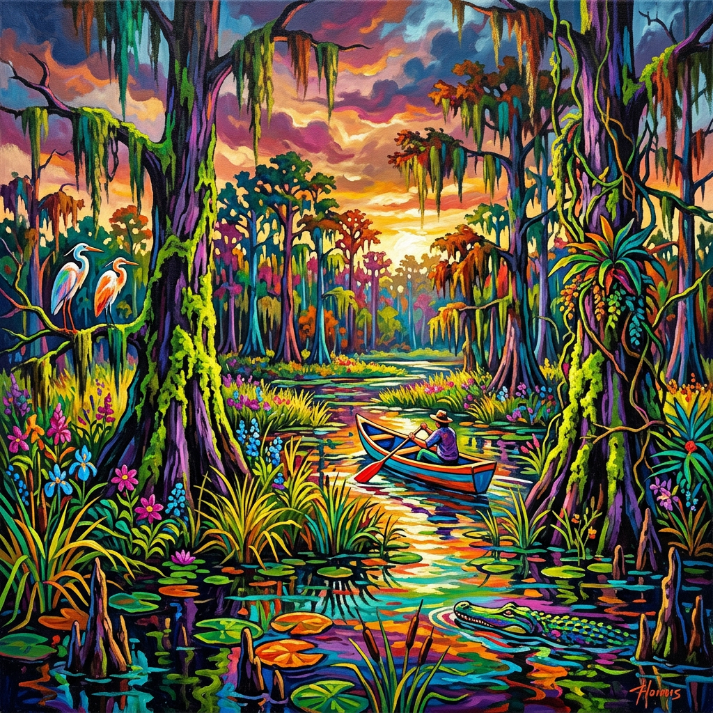 Person rowing a boat in a vibrant swamp surrounded by trees, flowers, birds, and an alligator at sunset