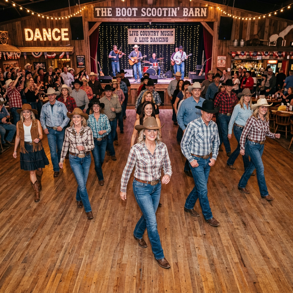 People line dancing in cowboy hats and casual western attire in a wooden hall with live country band