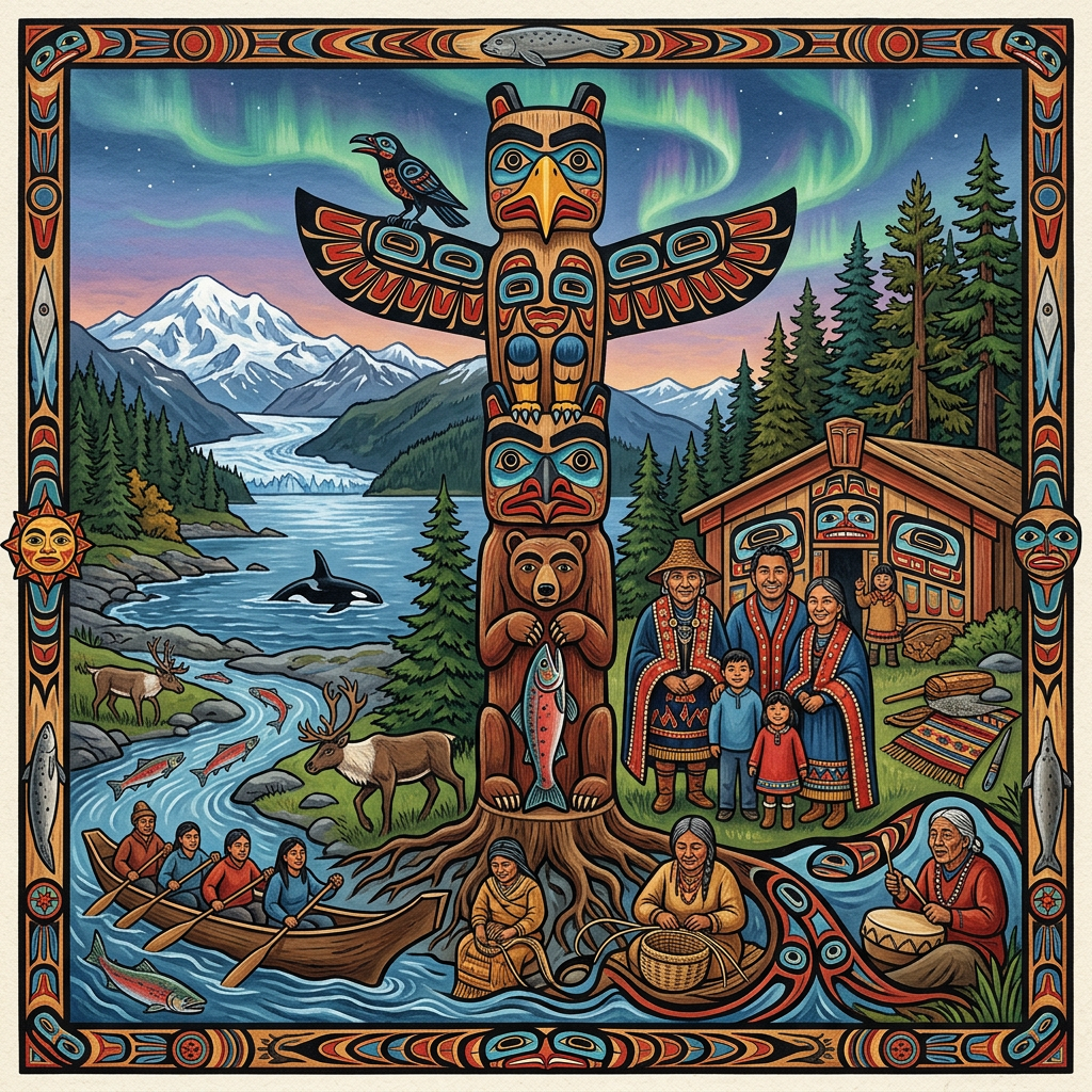 Traditional totem pole with Indigenous family, wildlife, and nature scene