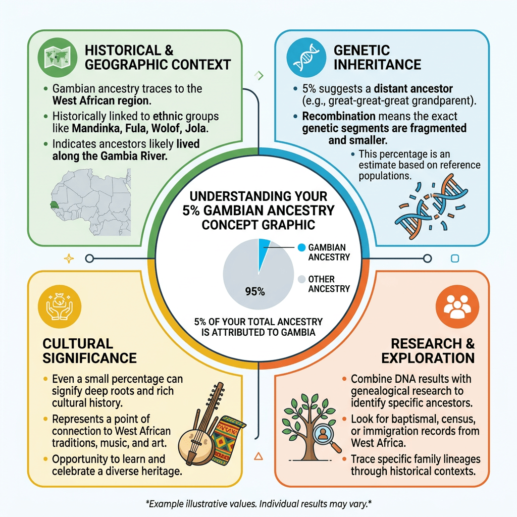 Infographic explaining key aspects of having 5% Gambian ancestry including historical context, genetic inheritance, cultural significance, and research tips