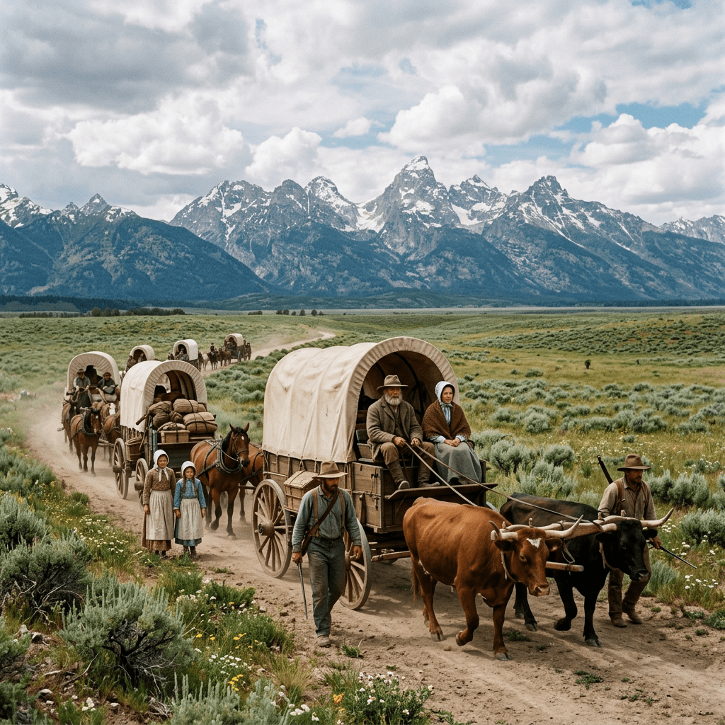 Pioneers traveling with covered wagons pulled by oxen and horses across a grassy plain with mountains in the background