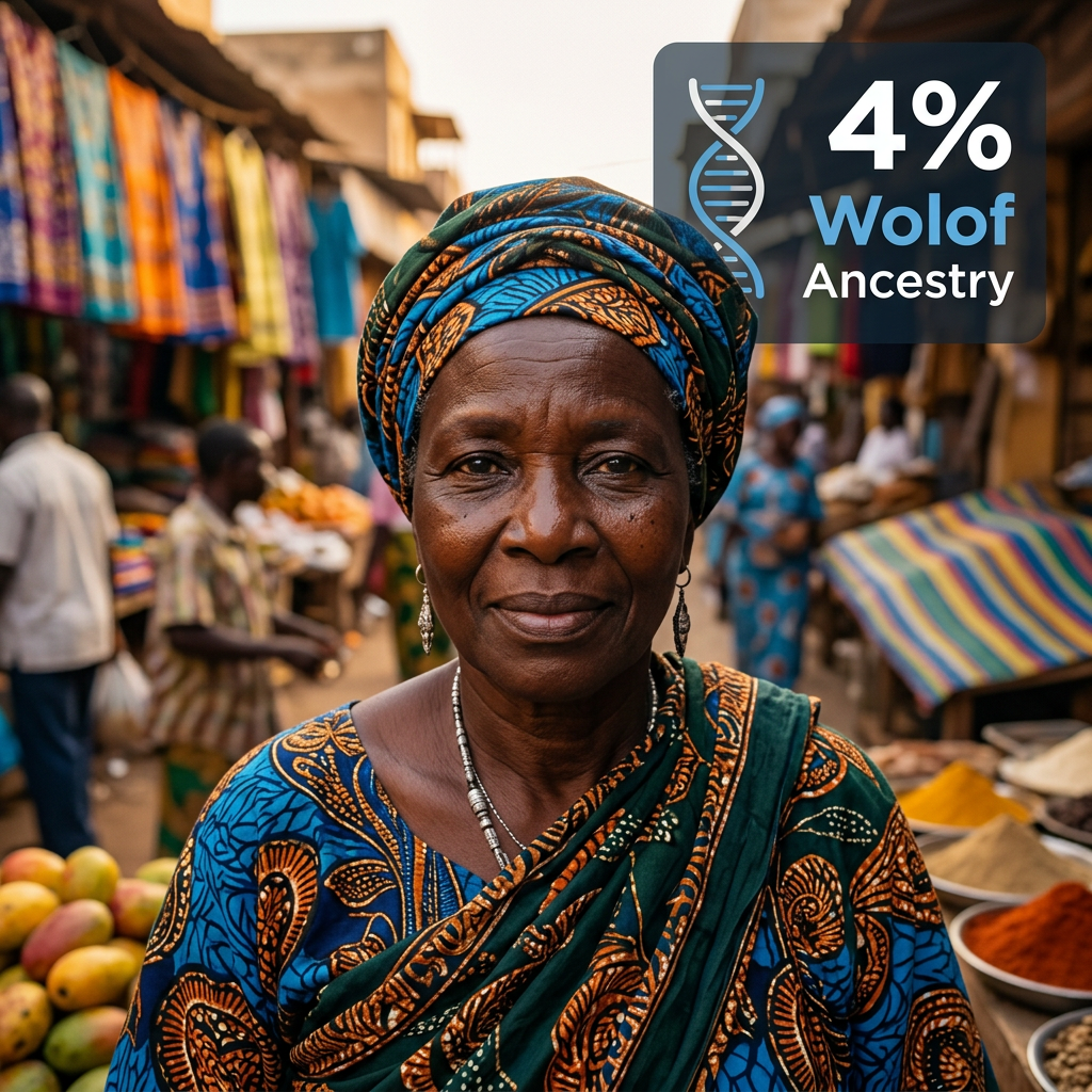 Elderly woman in colorful traditional African clothing at a busy market with text '4% Wolof Ancestry'