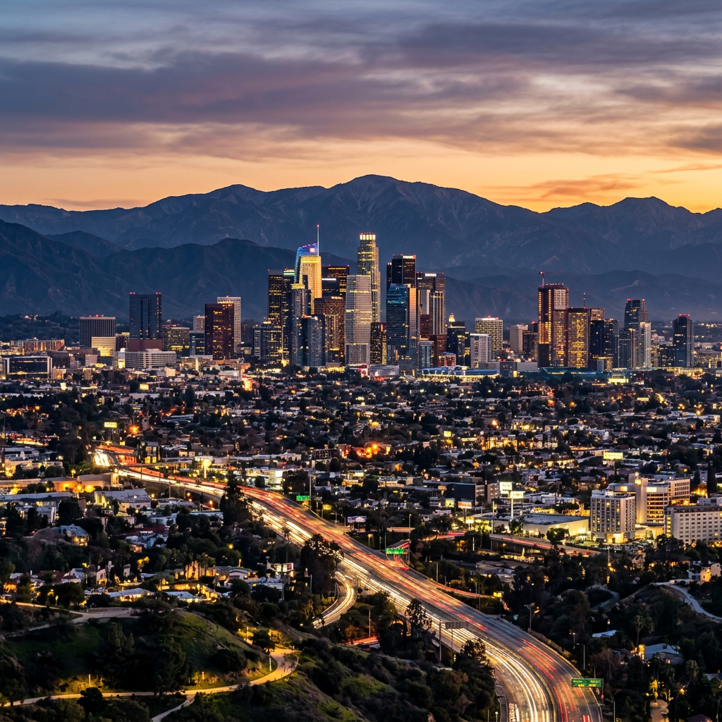 Downtown Los Angeles skyline at dusk with illuminated buildings and traffic trails on freeway